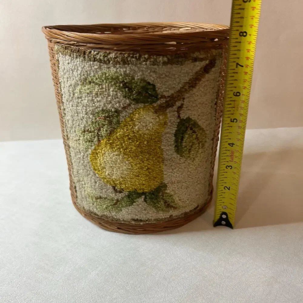Vintage Boho Woven Rattan Wastebasket Needlepoint Pear Basket